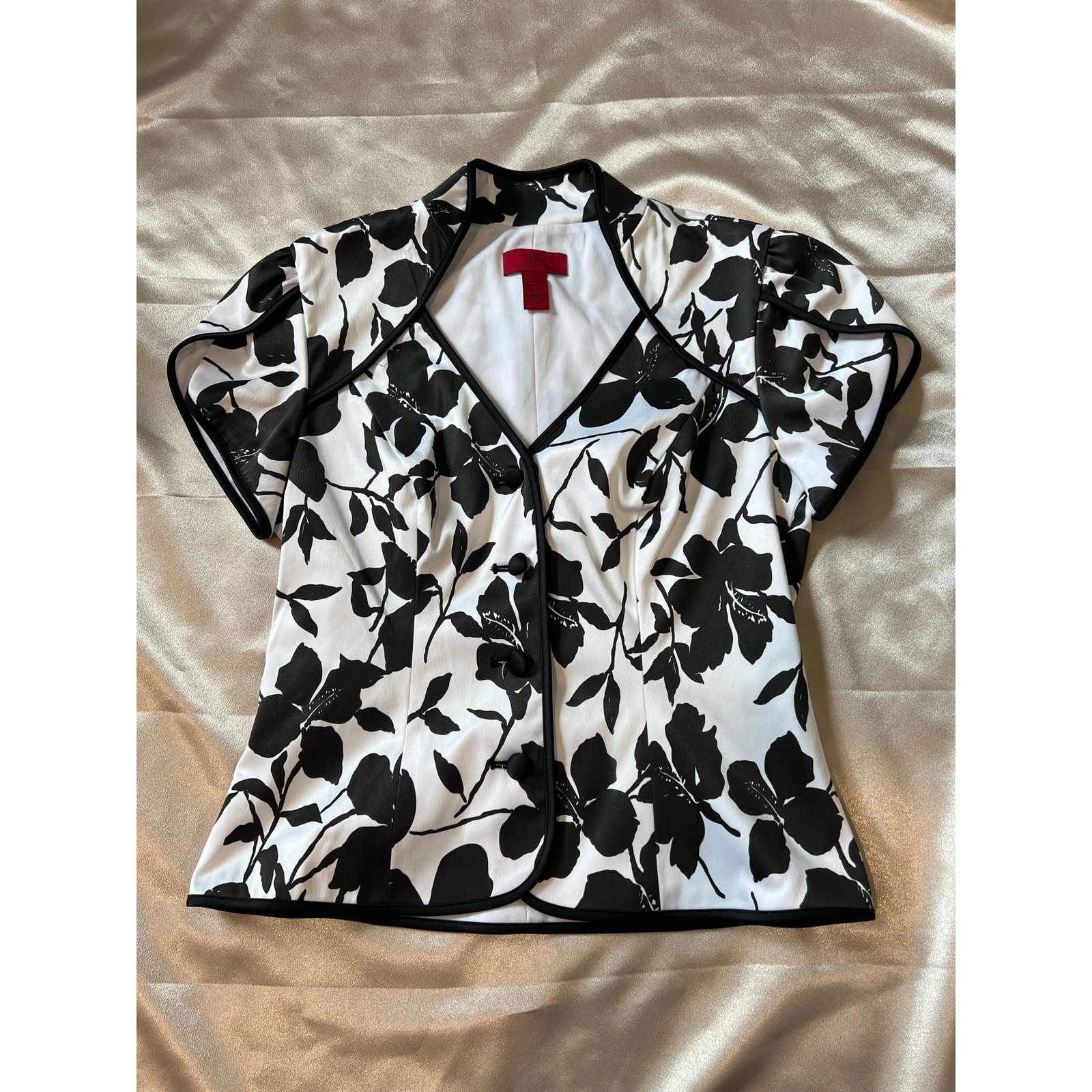 JS Collections Black & White Floral Button Front Blouse Top Size 4 Office Siren