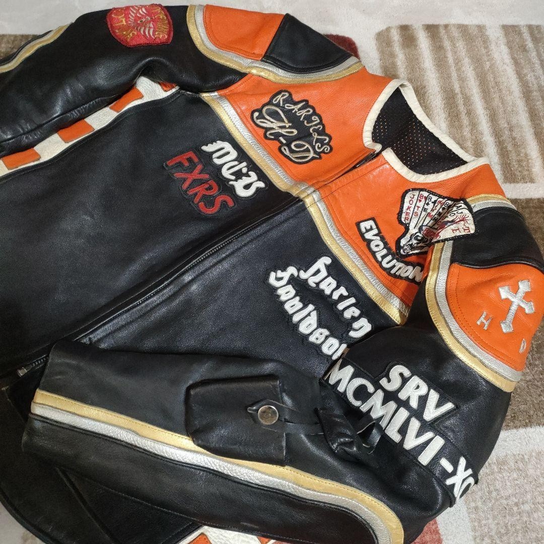 HARLEY DAVIDSON Marlboro Man Leather Jacket Black Orange Biker Mens