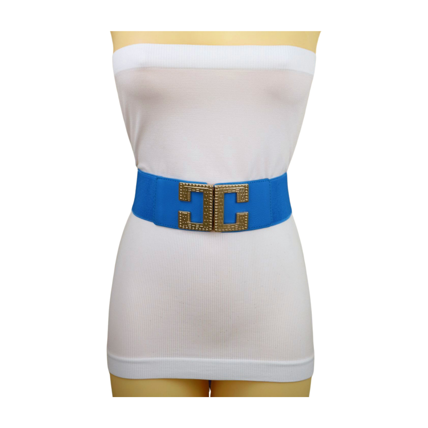 Women Blue Elastic Wide Fashion Belt Hip High Waist Gold Metal C Buckle Size S M