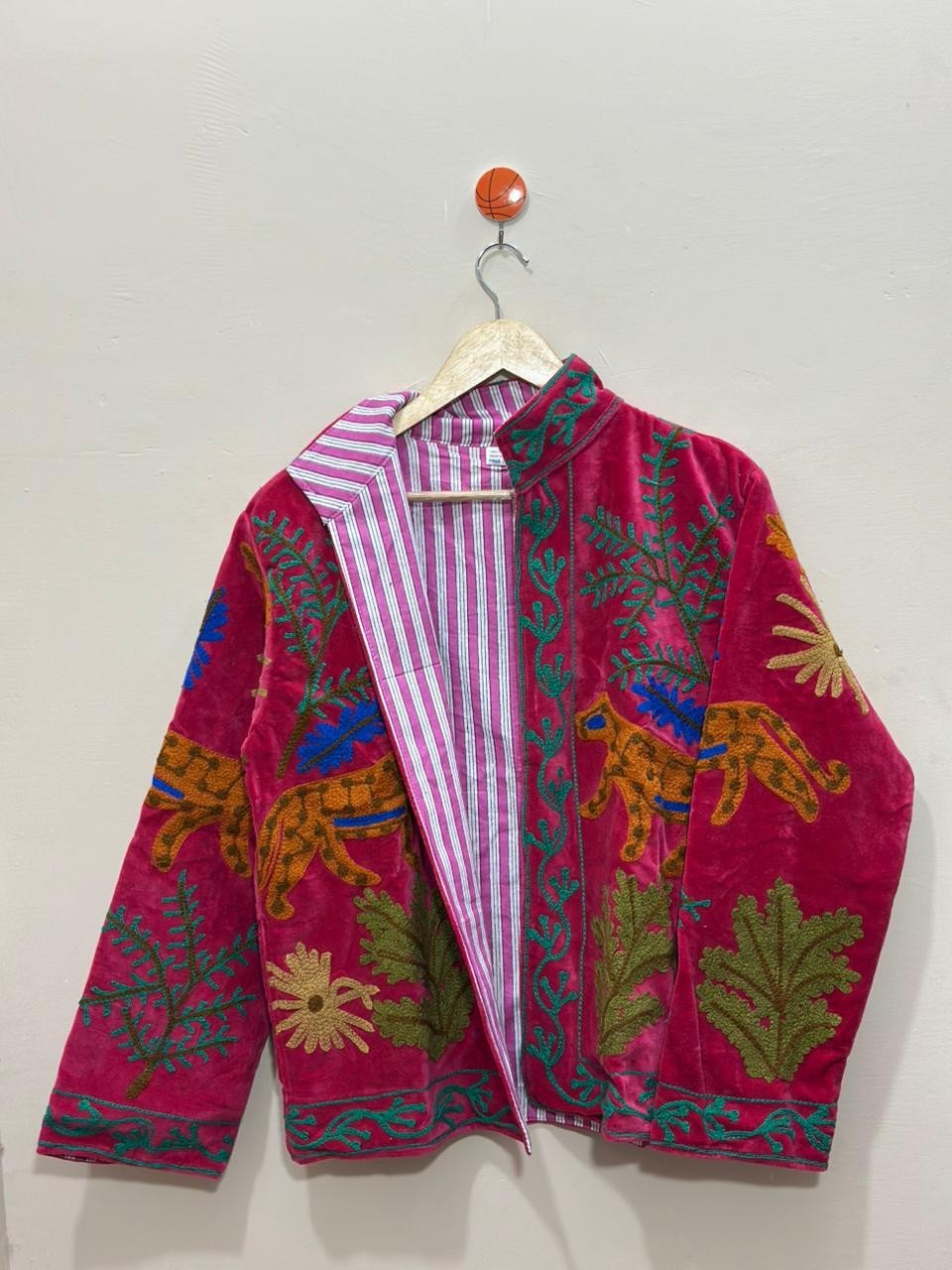 Pink Velvet Suzani Jacket Leopard Animal Embroidered Ethnic Women Boho Coat US