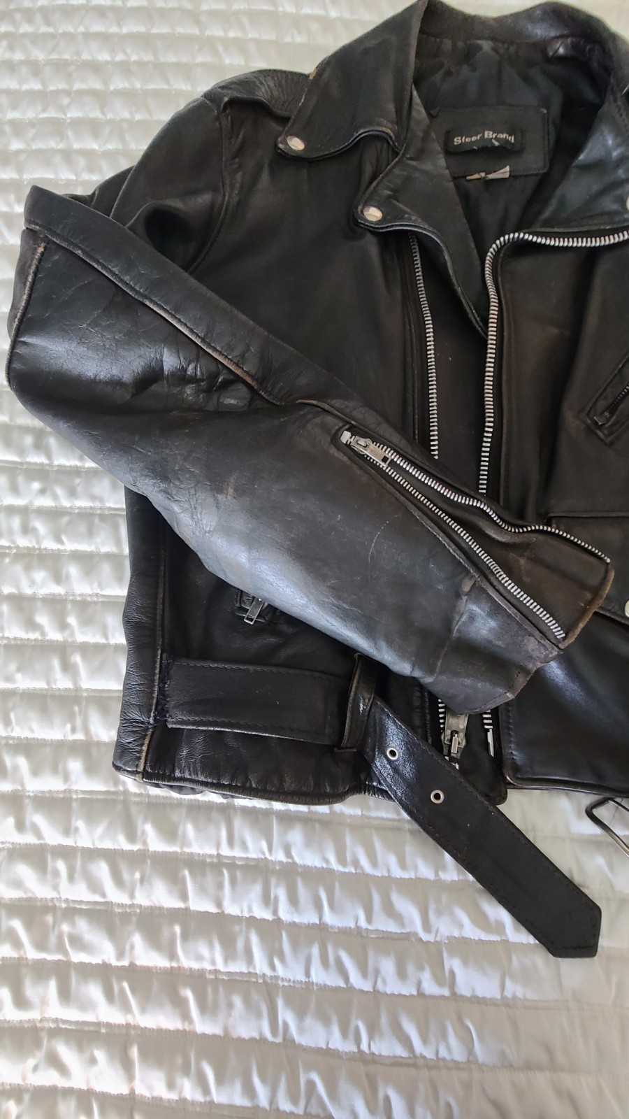 VTG Steer Brand Distressed Leather Motorcycle Biker Jacket Black Sz 42 USA- READ