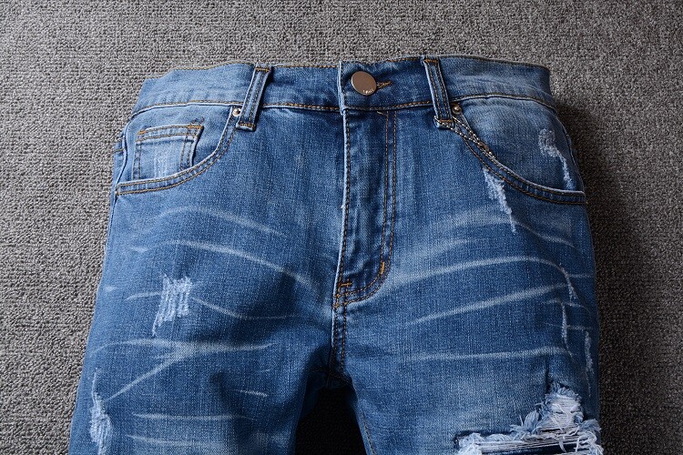 Mens Retro Ripped Slim Pleated Denim Jeans Classic Motorcycle Style Blue Stretch