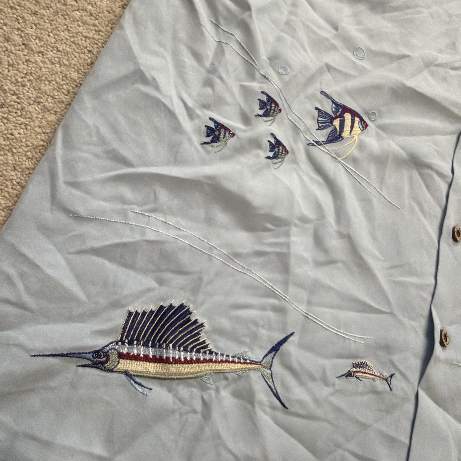 Bamboo Cay Shirt L Blue Hawaiian Fishing Marlin Embroidered Beach Vacation