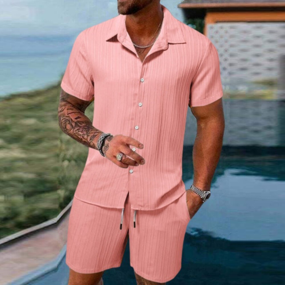 2026 Men 2 Set Short Sleeve Button Shirt Shorts Suit Tops+Shorts T Shirts Casual