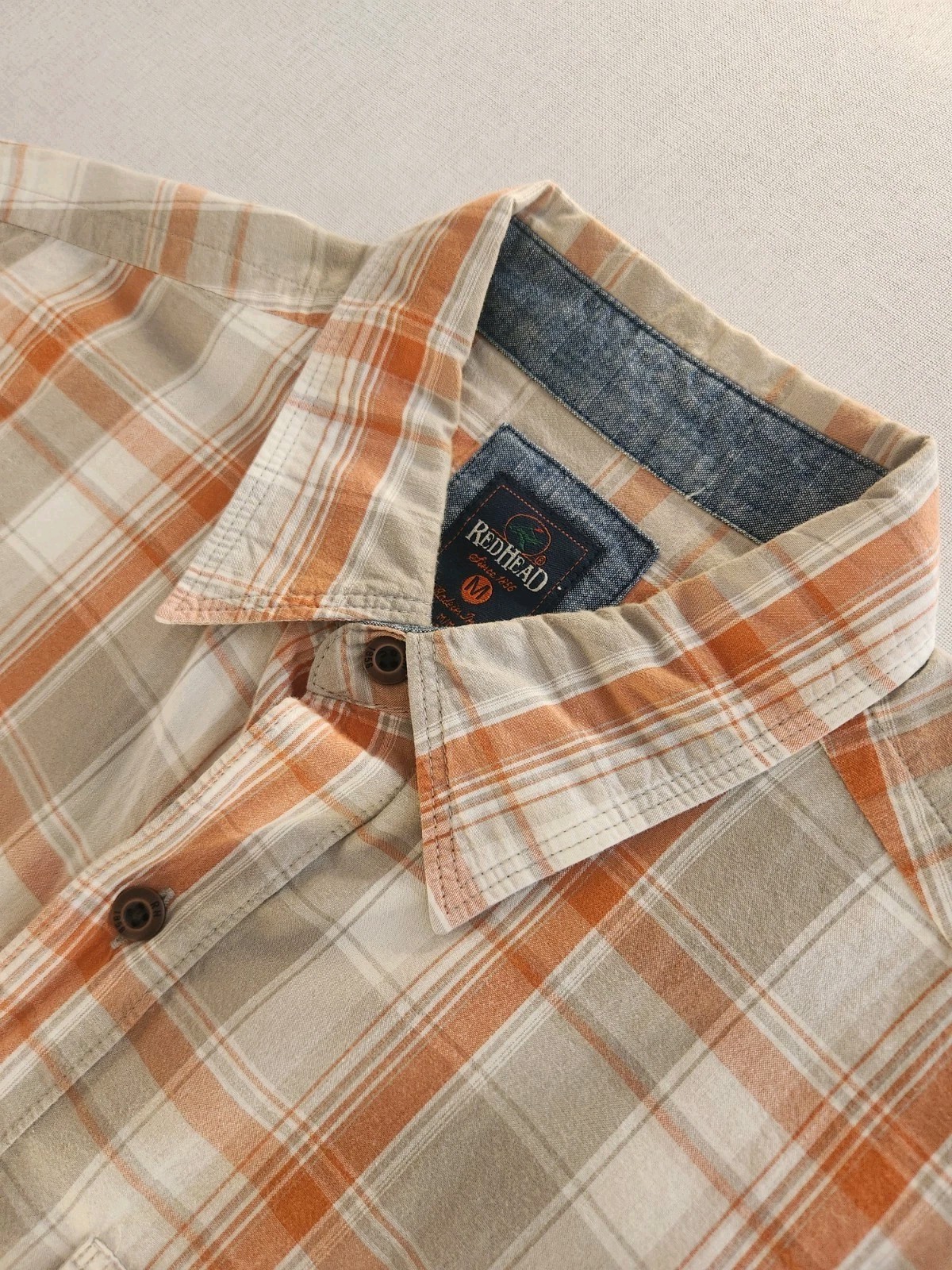 RedHead Men M Orange Beige Plaid Cotton Woven Short Sleeve Button-Up Pocket #043
