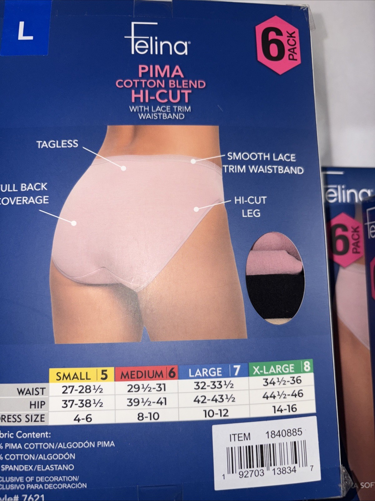 Felina Pima Cotton Blend Hi-cut with Lace Trim Waistband 6 Pack Large