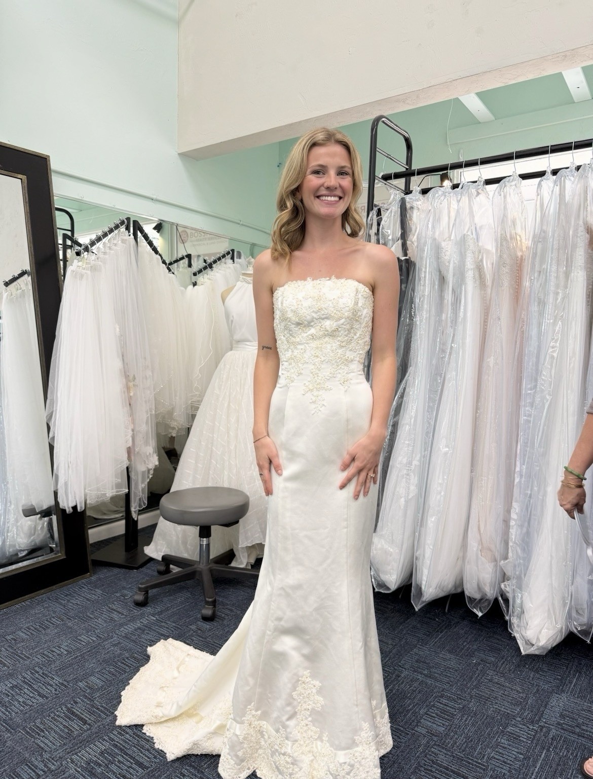 Ivory Strapless Lace Beaded Mermaid Wedding Dress with Train, Zipper Back