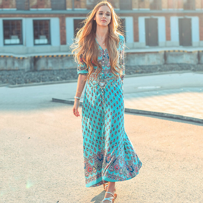Women’s Casual Sundress Boho Beach Slit Long Maxi Floral Summer Beach Dress