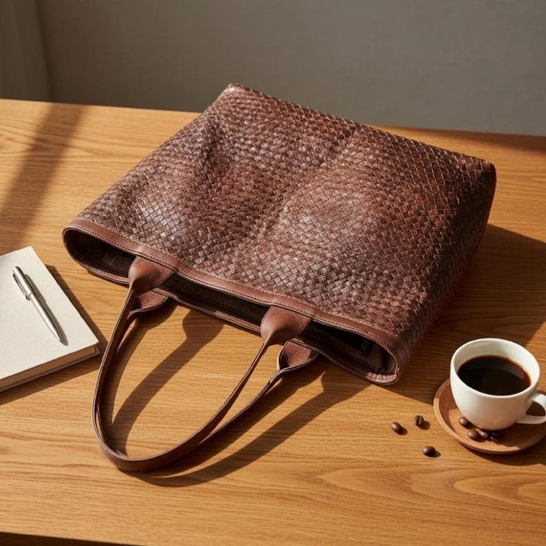 Handmade Moroccan Leather Bag | Braided Leather Tote | Marrakech Artisan Bag | L