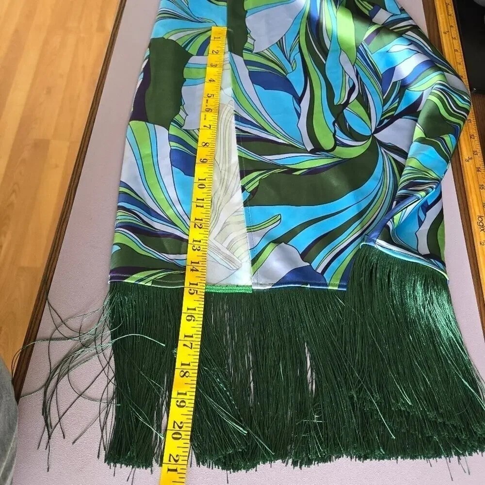 House of Harlow Blue Green Swirl Fringe Skirt Set Size XS Retro Luxe Miami Chic