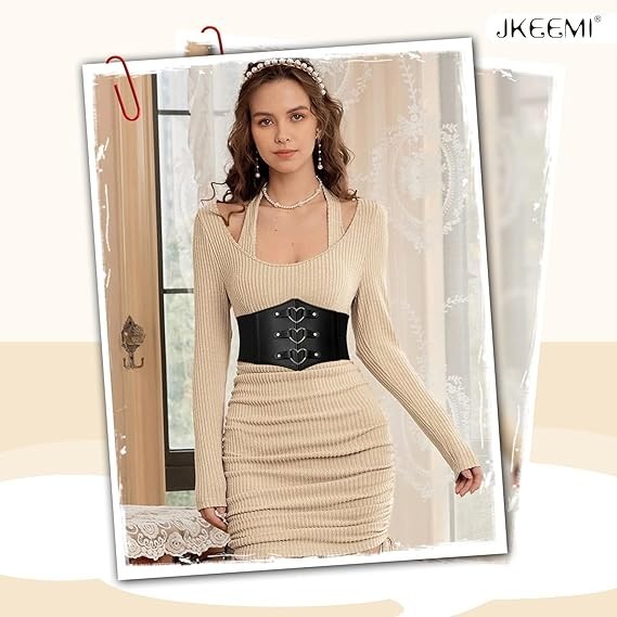 “Black Corset Belt for Women Plus Size Wide Elastic Rivet Heart-Ring Belt for Dr