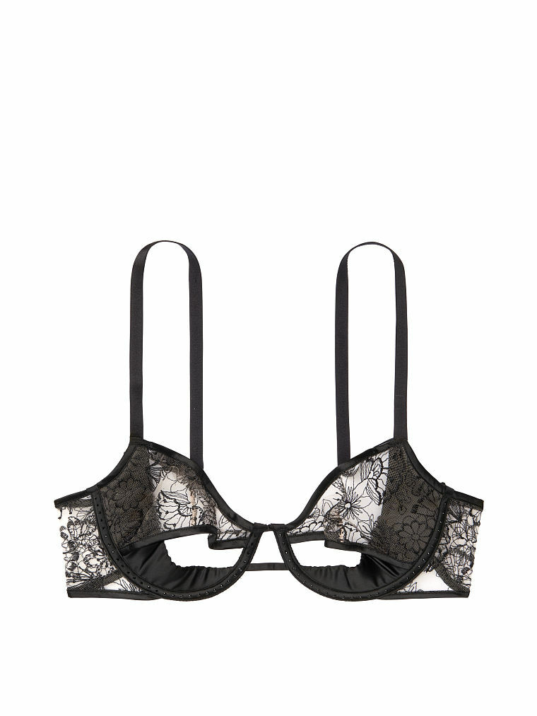 LUXE VICTORIA SECRET Floral Black Embroidered Peek A-Boo Push Up Bra Thong Set