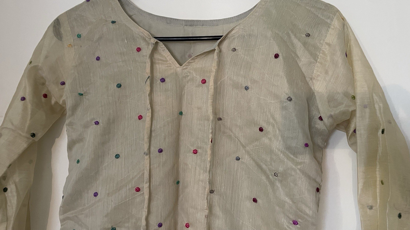 Full Sleeve Desi Beige Kurti with Multi Color Embroidered Polka Dot detail