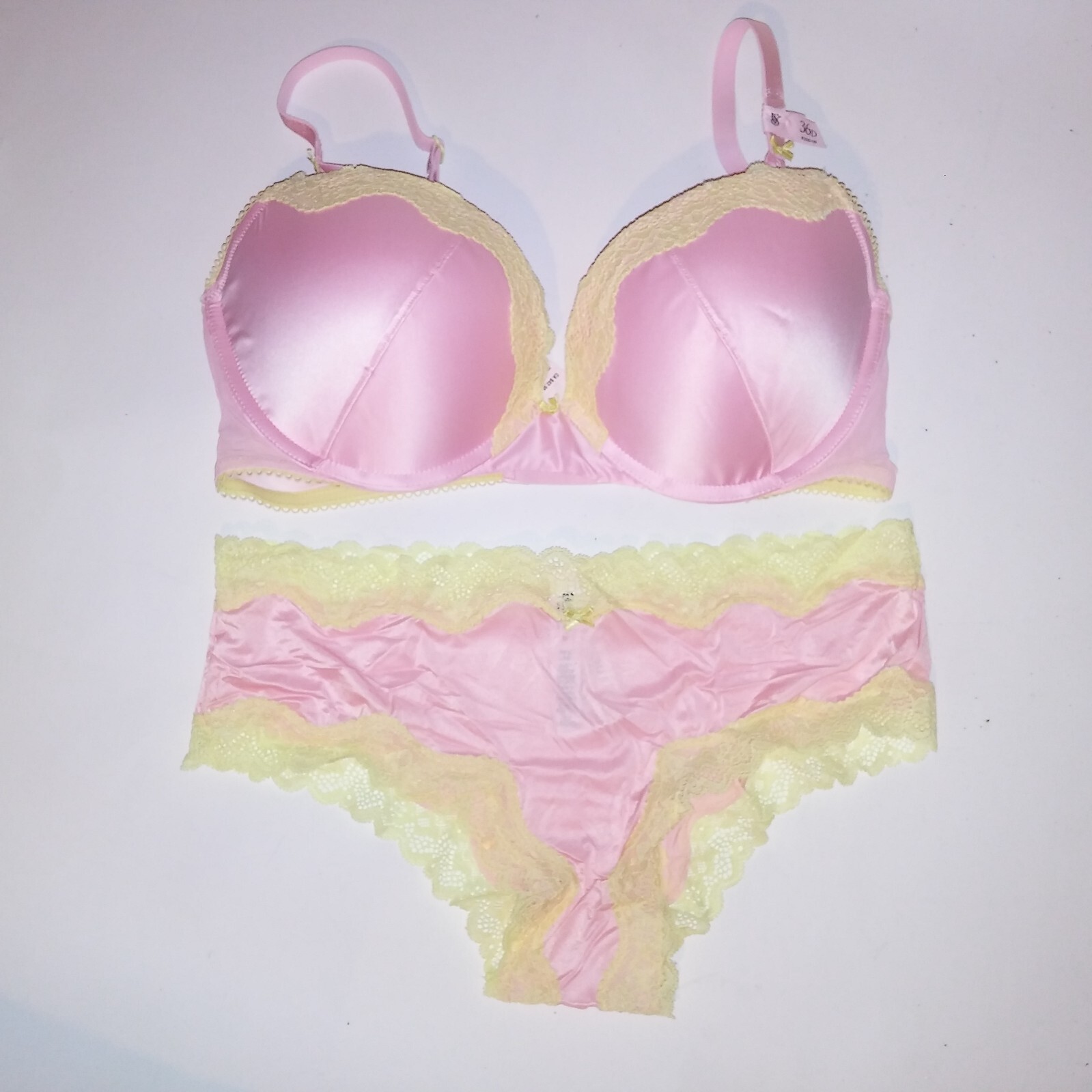 Victoria Secret Bra Set Tease Push Up Cheeky Panty Pink Yellow Lace Trim New