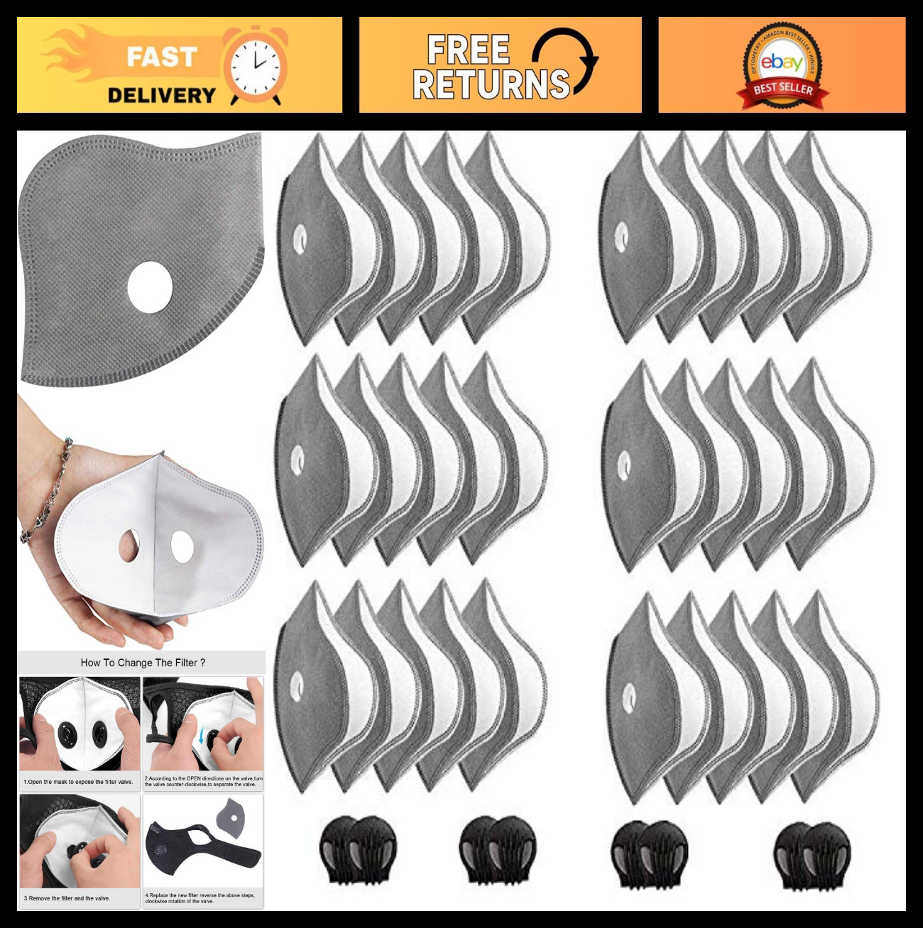 30 Pcs Activated Carbon Face Filters for Cycling Masks – Anti-Dust with 8 Valves