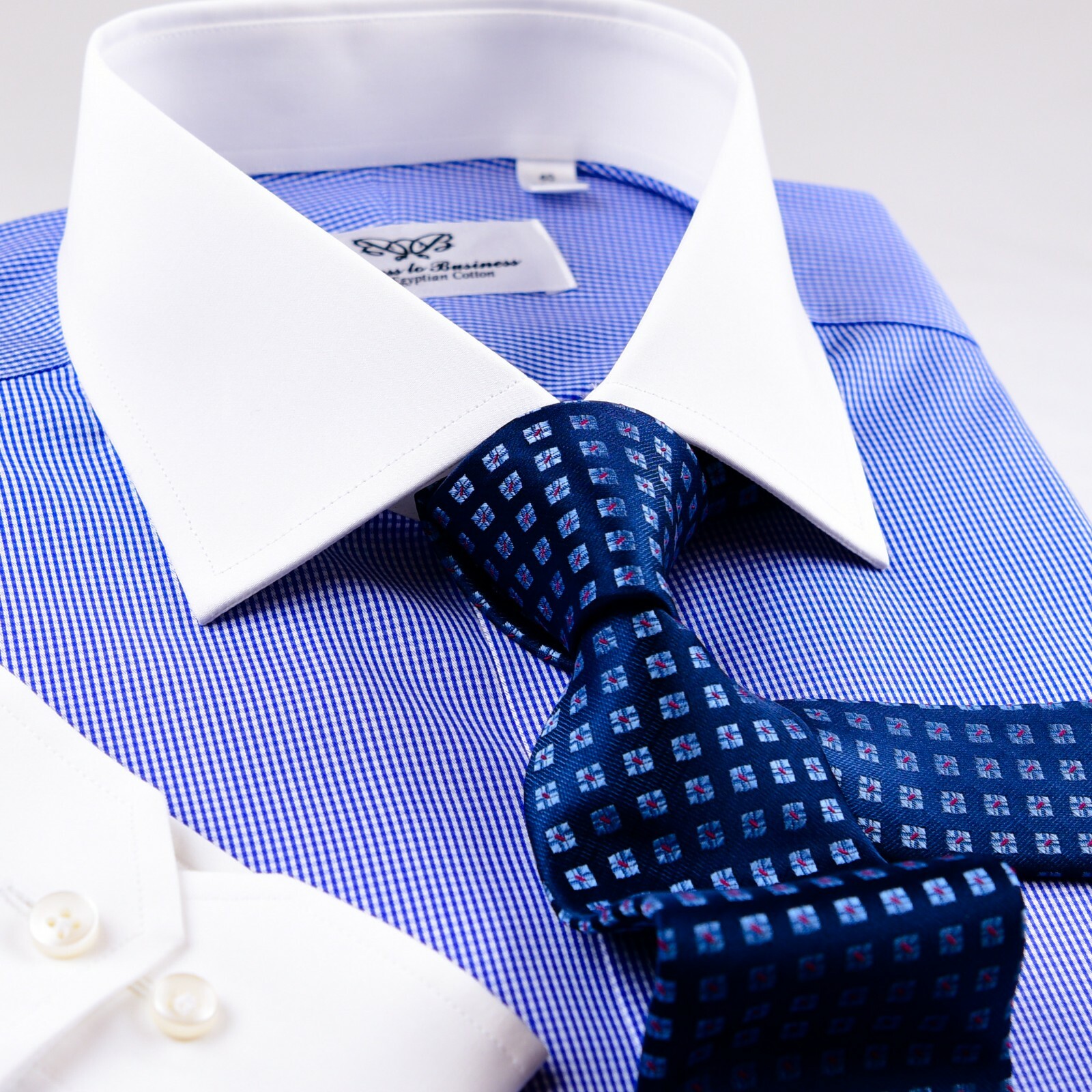 Blue Check Contrast White Dress Shirt Rich Italian Inner Lining Single Cuffs A