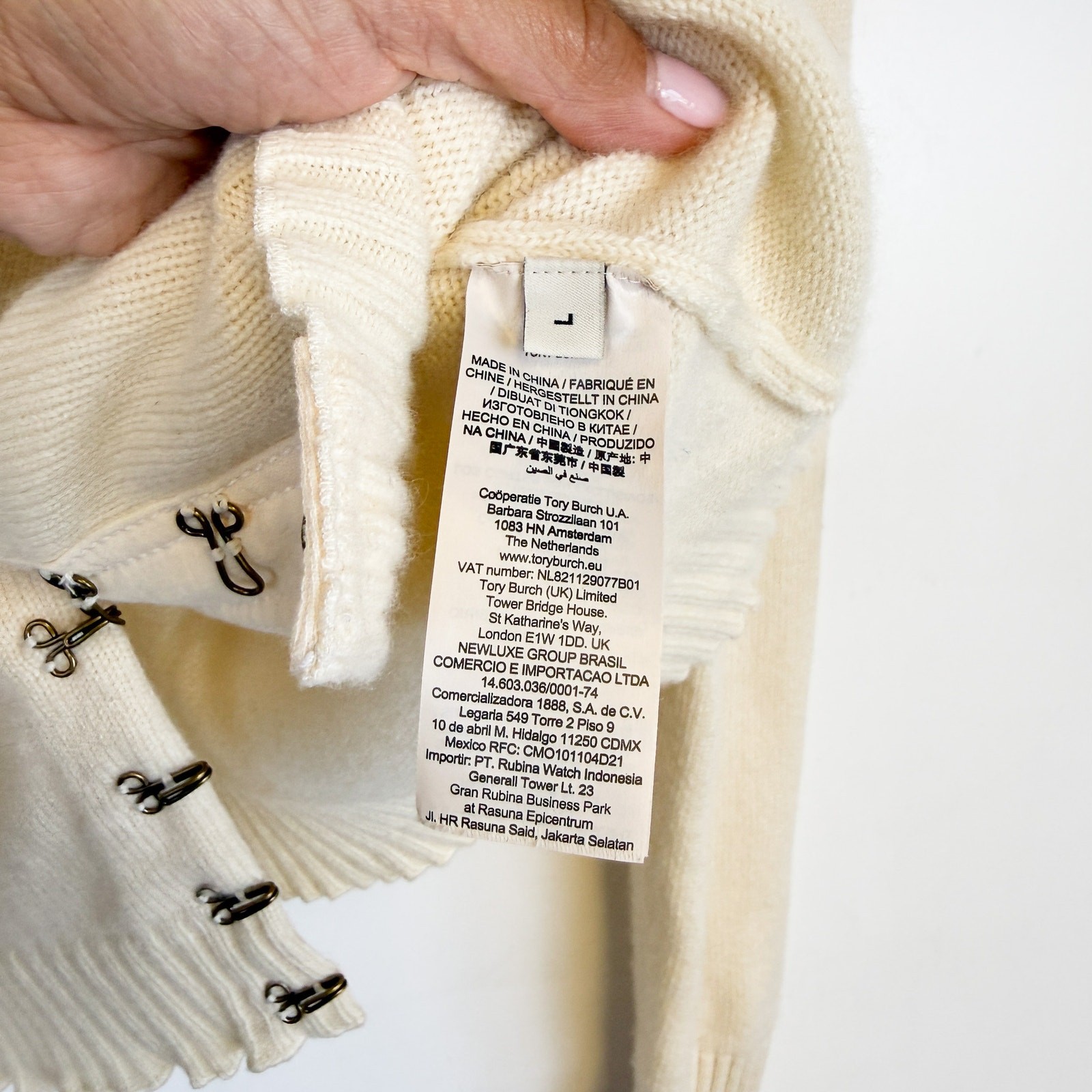 Tory Burch Hook-And-Eye 100% Cashmere Cardigan Sweater Cream – L