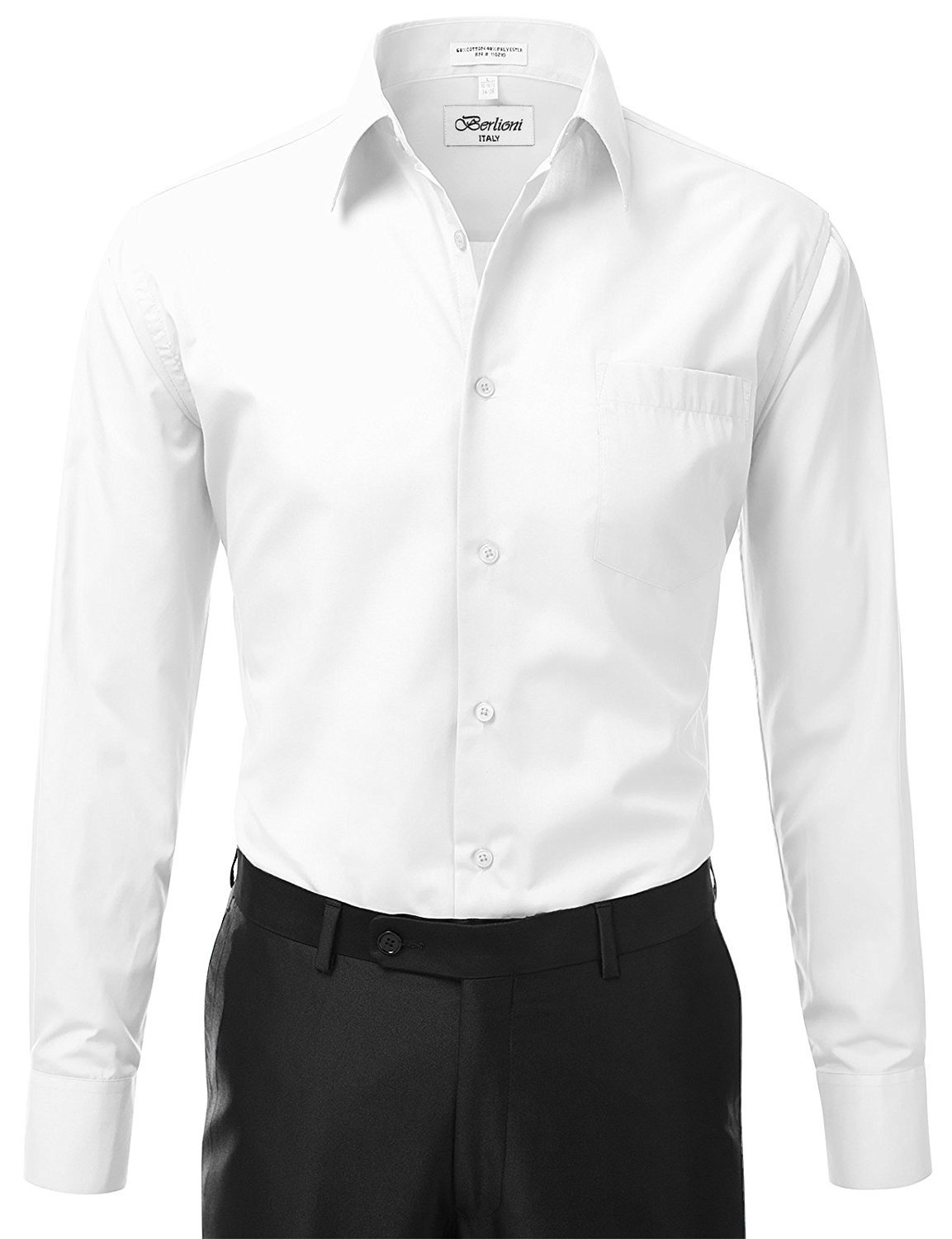 Berlioni Italy Men’s Premium French Convertible Cuff Solid Dress Shirt White
