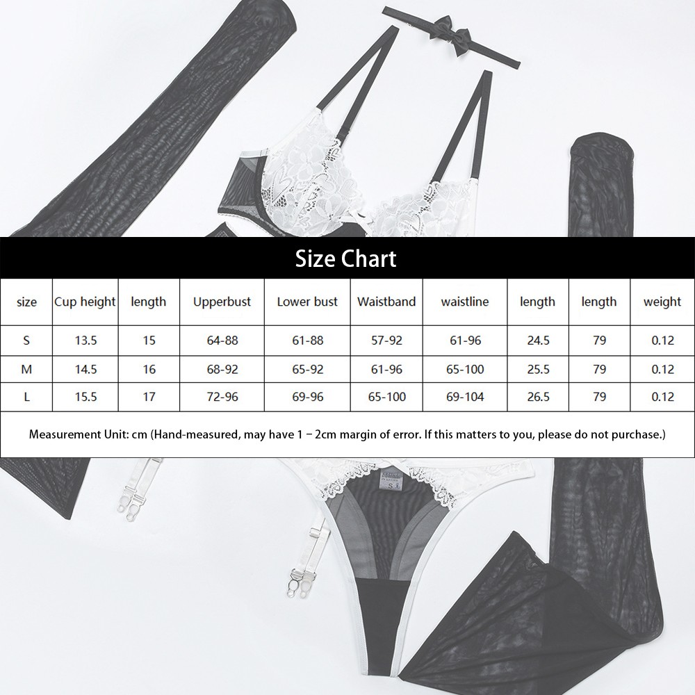 Black & White Sensual Lace Mesh Bra Thongs Garter 5-Piece Lingerie Set