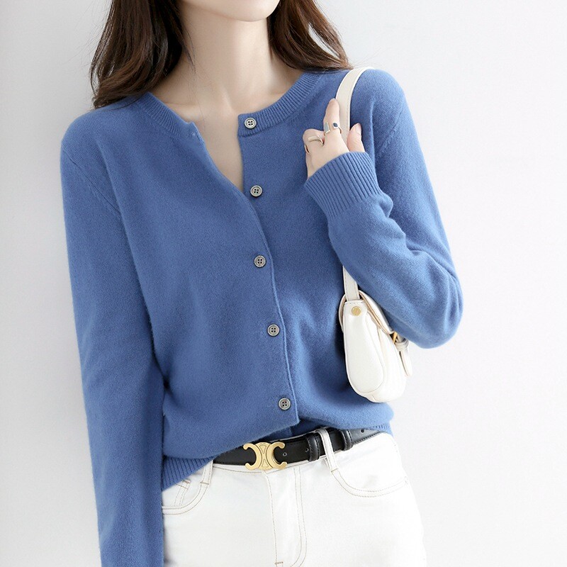 Women Cardigan Solid Color Sweater Cashmere Blend Simple Crew Neck Jacket Coat