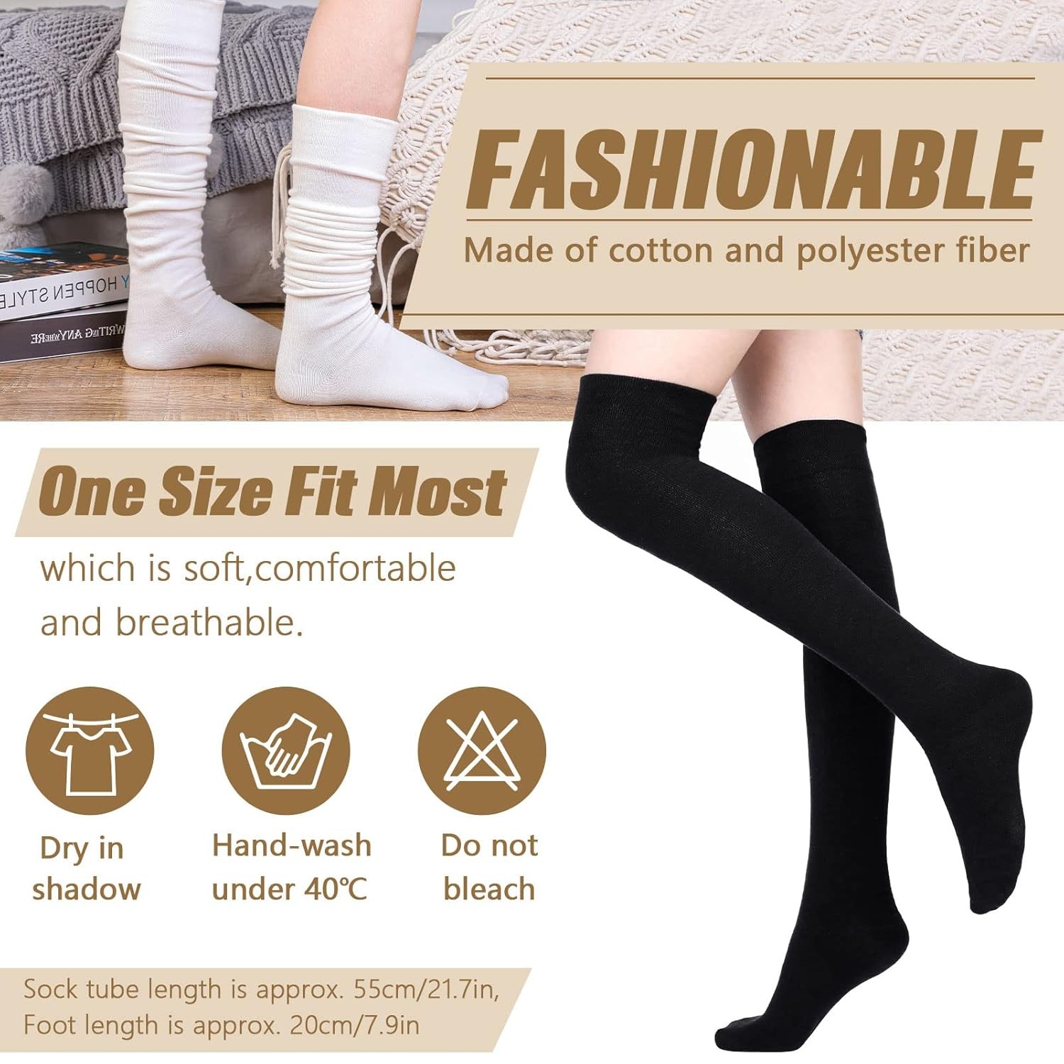 Extra Long Thigh High Cotton Boot Knee High Socks 3 Pairs