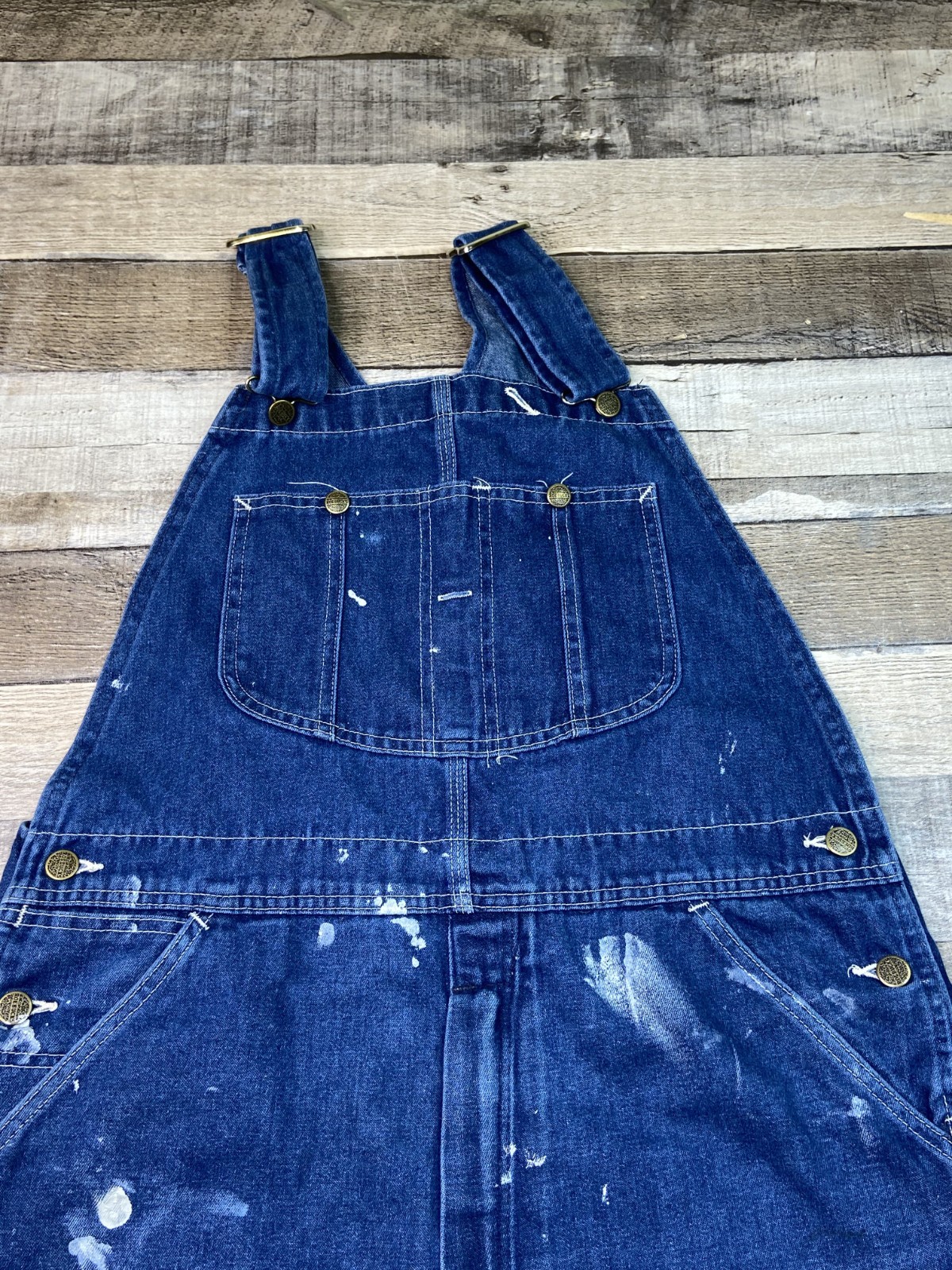 Vintage Sears Denim Jean Overalls Cut Off Shortalls Womens L Carpenter Paint 90s