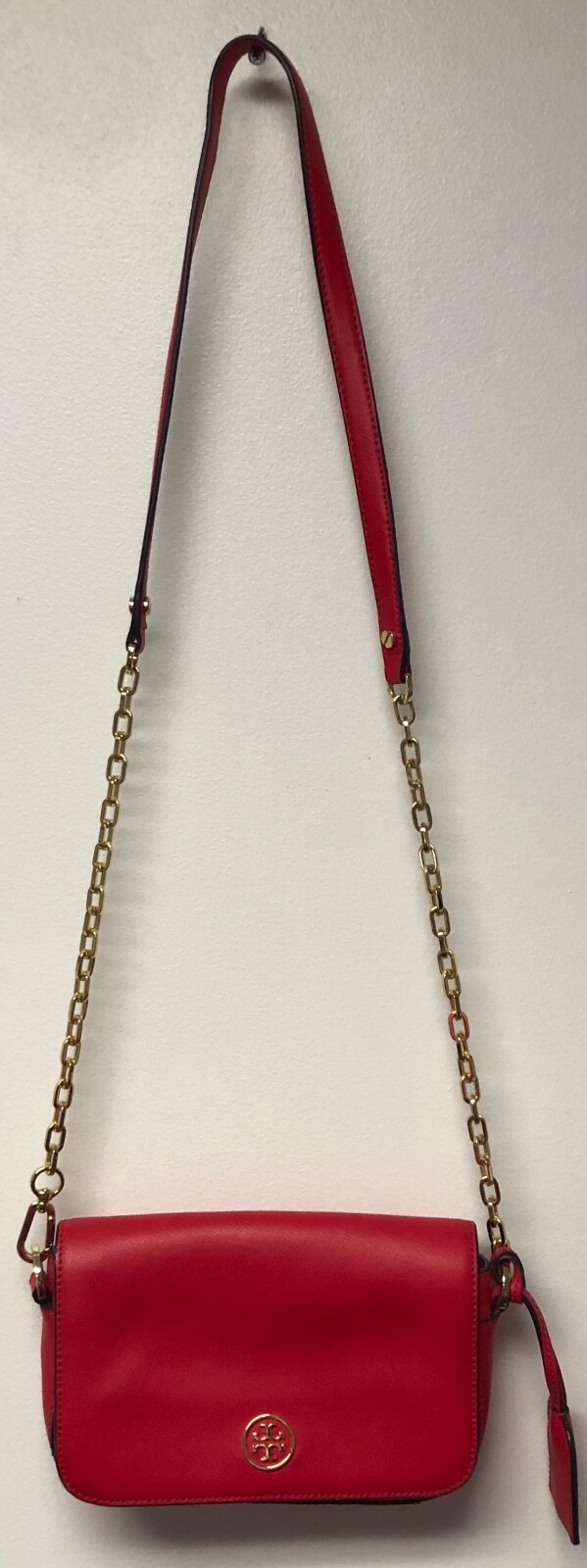 TORY BURCH EMERSON WOMEN’S CROSSBODY BAG BRILLIANT RED W GOLD TONE LOGO & CHAIN