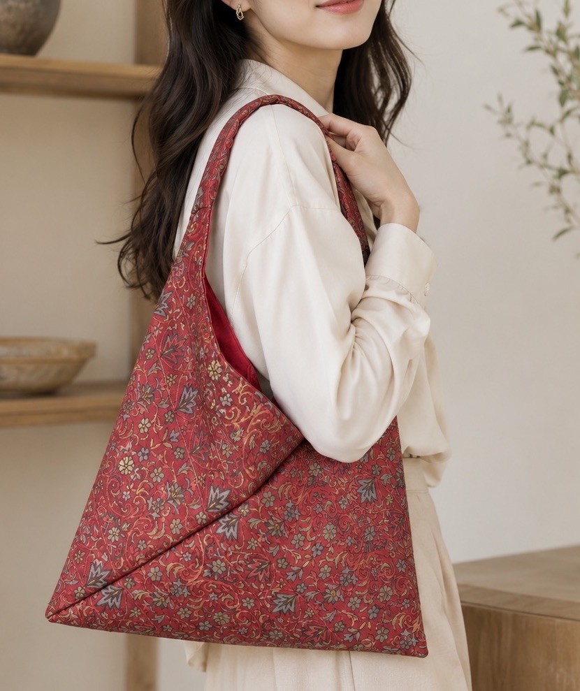 Vintage One of a Kind Japanese Obi Silk Shoulder Bag Burgundy Floral Knot Bag