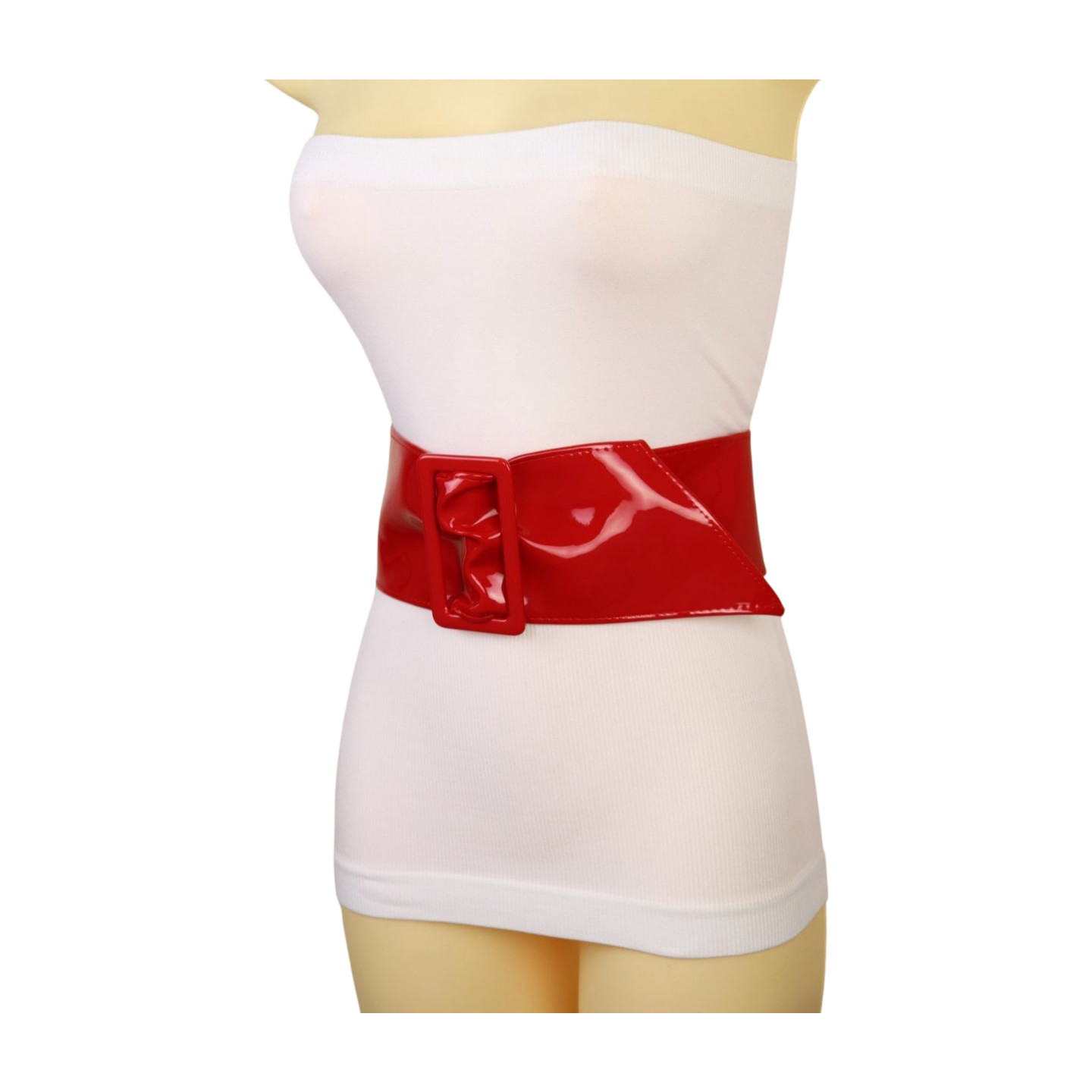 Women Red Faux Patent Leather Wide Premium Fashion Cool Belt Big Buckles Fit S M