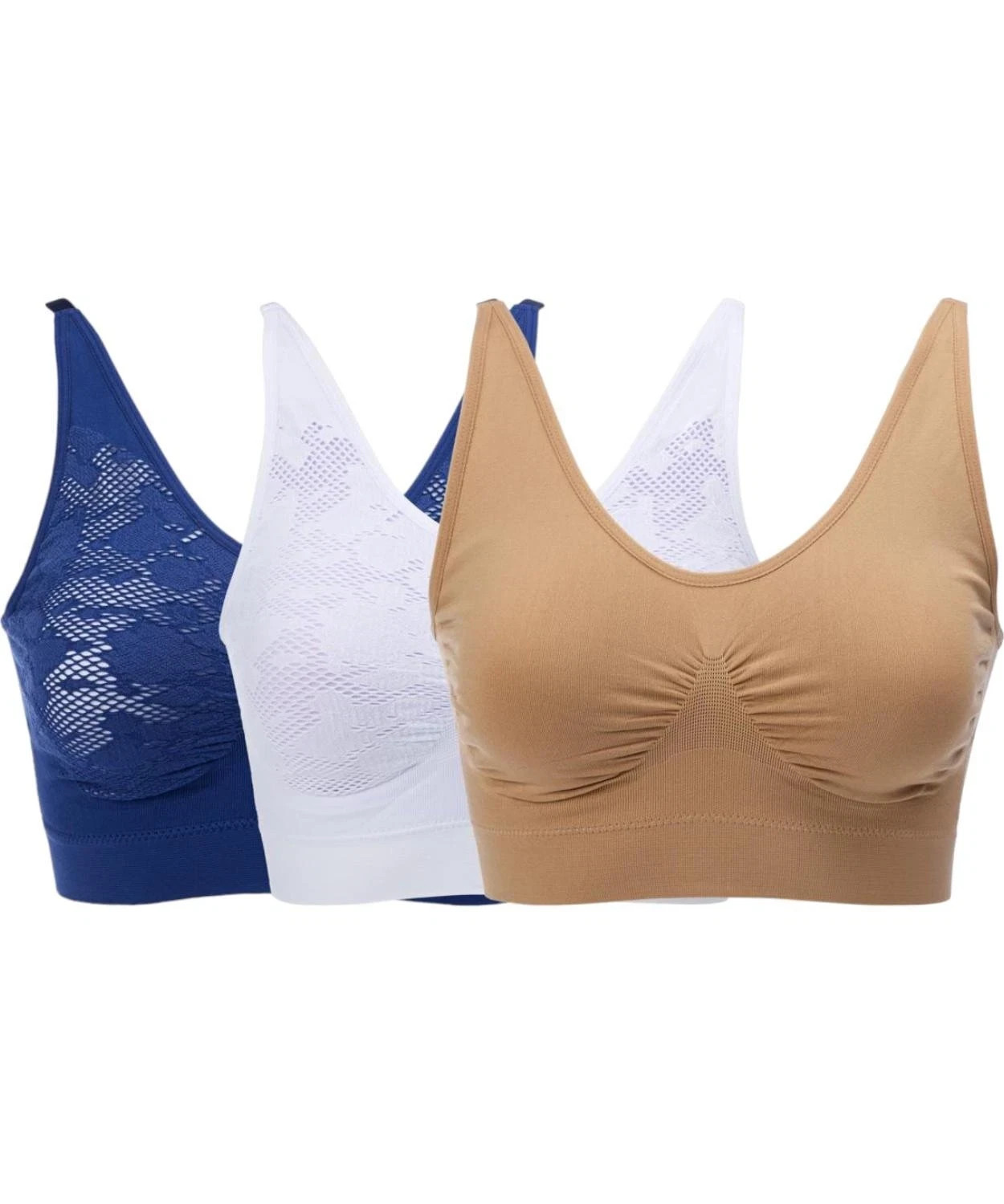Rhonda Shear 3-pack Ahh Bra w Lace Detail Beige/White/Dusk Sky Size XL