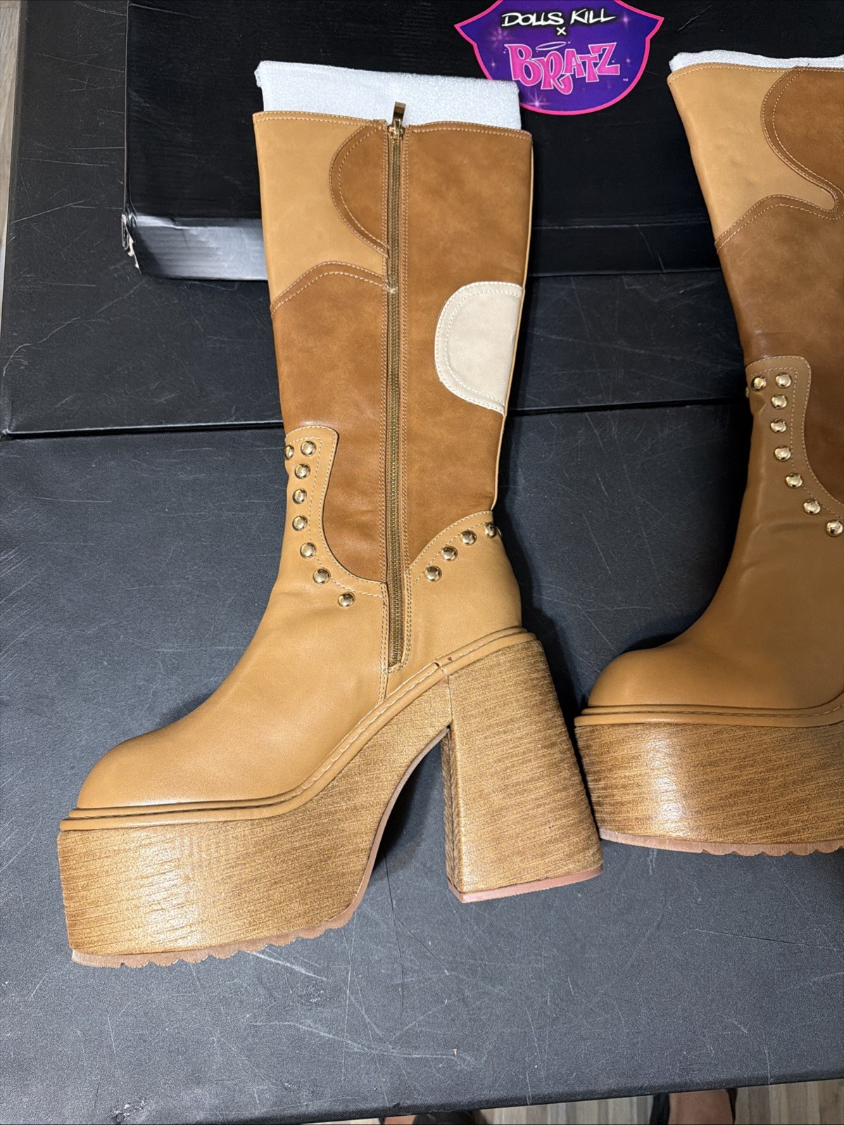 Dolls Kill x Bratz Superstar Status Platform Boots Brown Patchwork Knee High
