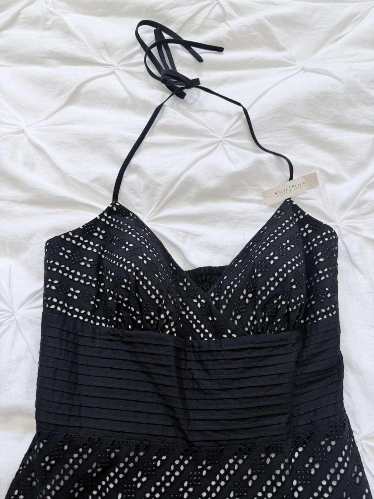 NWT-White House Black Market Black Eyelet A line Halter Dress 0, new, orig $128