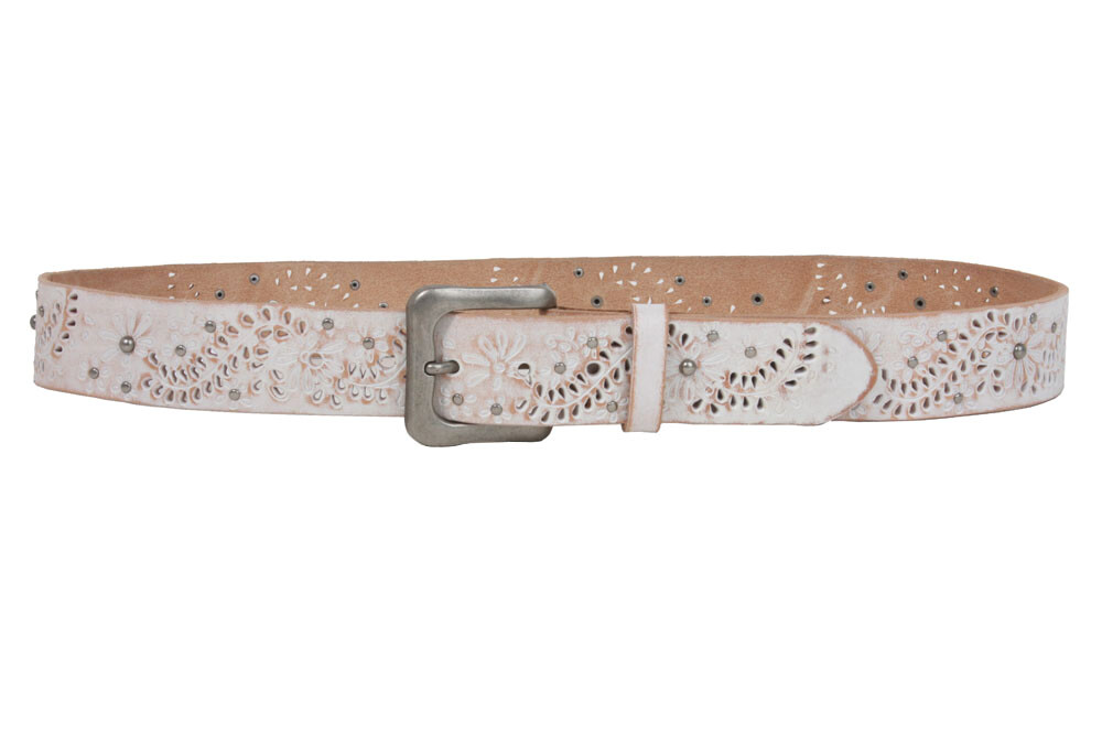 Snap On Vintage Cowhide Full Grain Leather Floral Rivet Perforated Casual Belt