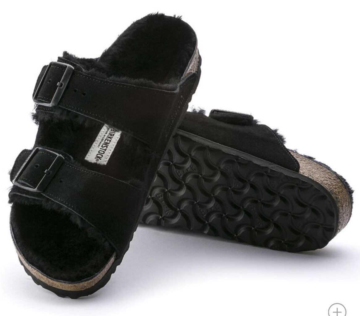 Birkenstock ARIZONA FUR Shearling EU39 BLACK Suede W8/M6 Narrow Sandals BF-39