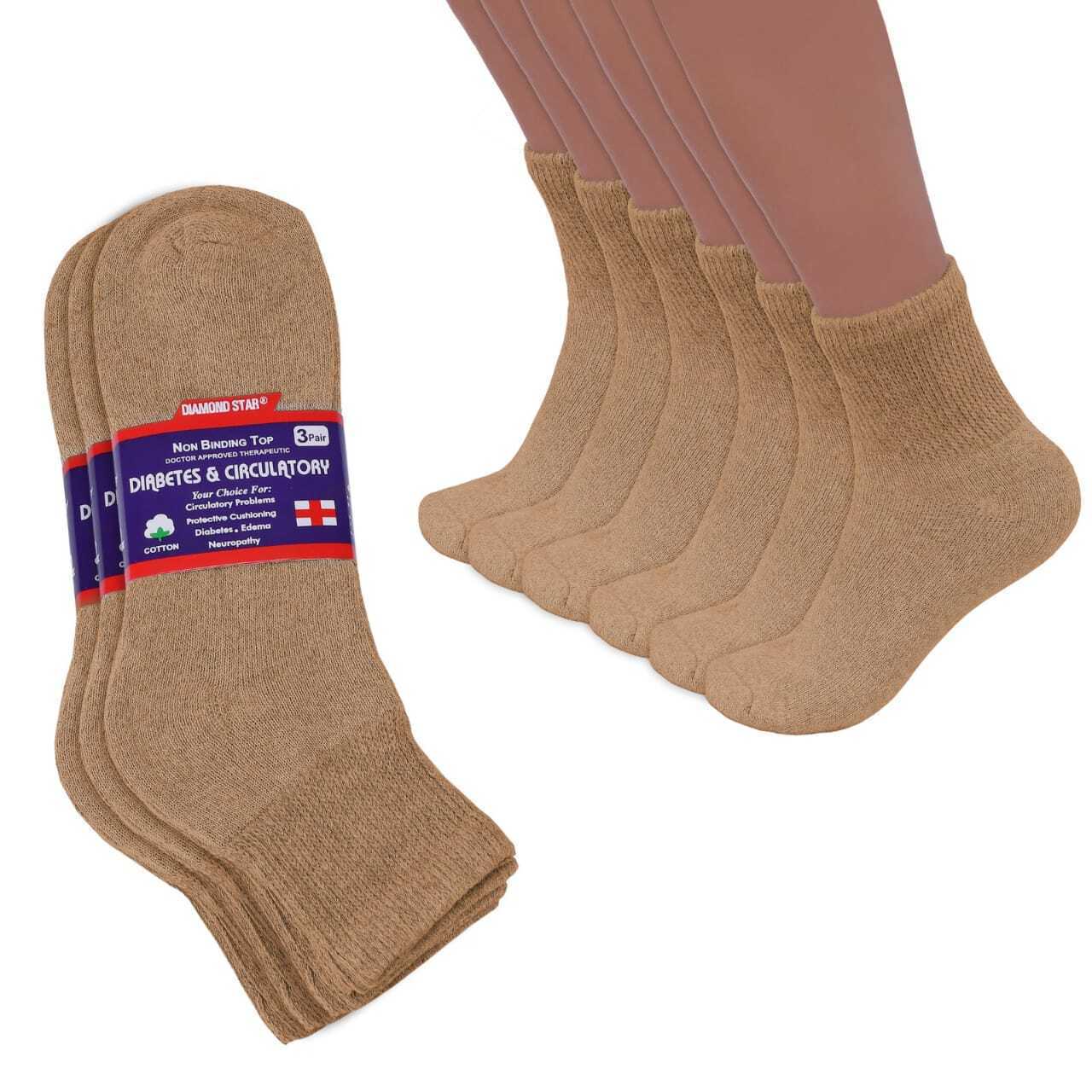 3-12 Pairs Men’s Circulatory Health Diabetic Ankle Quarter Socks Khaki Size 9-15