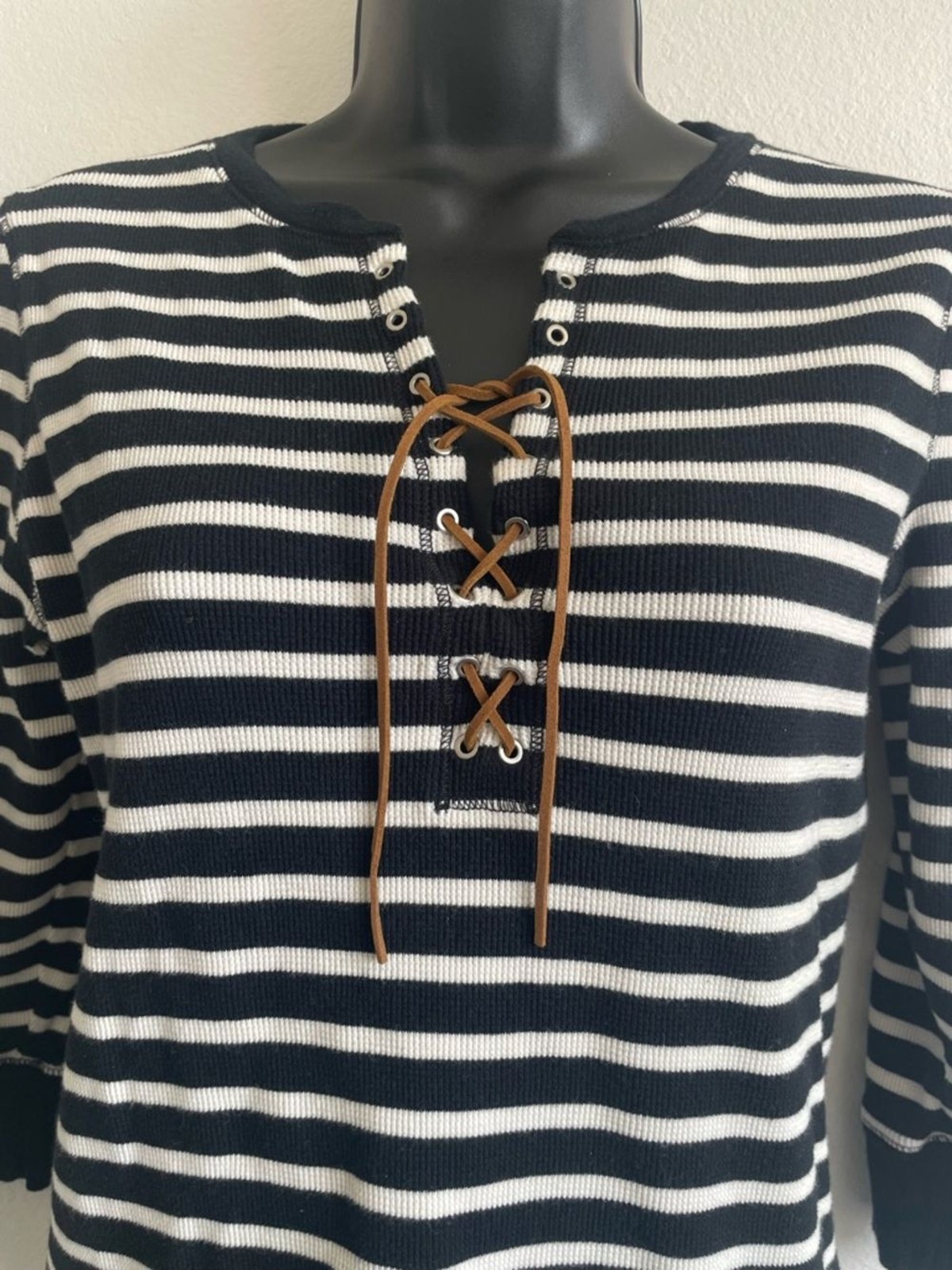 Lauren Ralph Lauren Striped Lace-Up Top Womens Black White Nautical – Medium