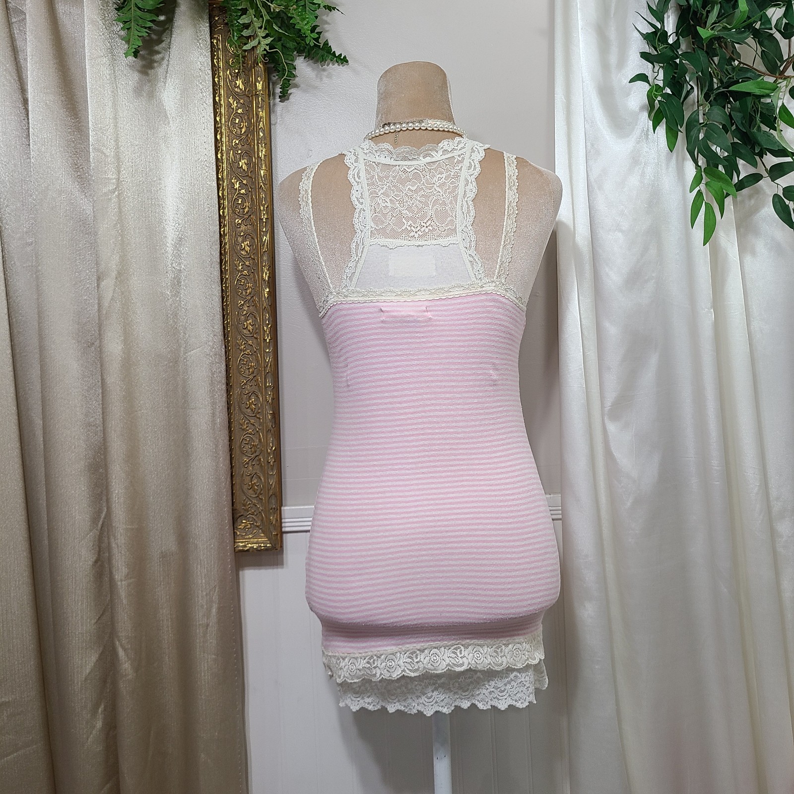 ♡ Y2K ♡ Rare Hollister Baby Pink Striped Lace Babydoll Cami Summer Tank Top