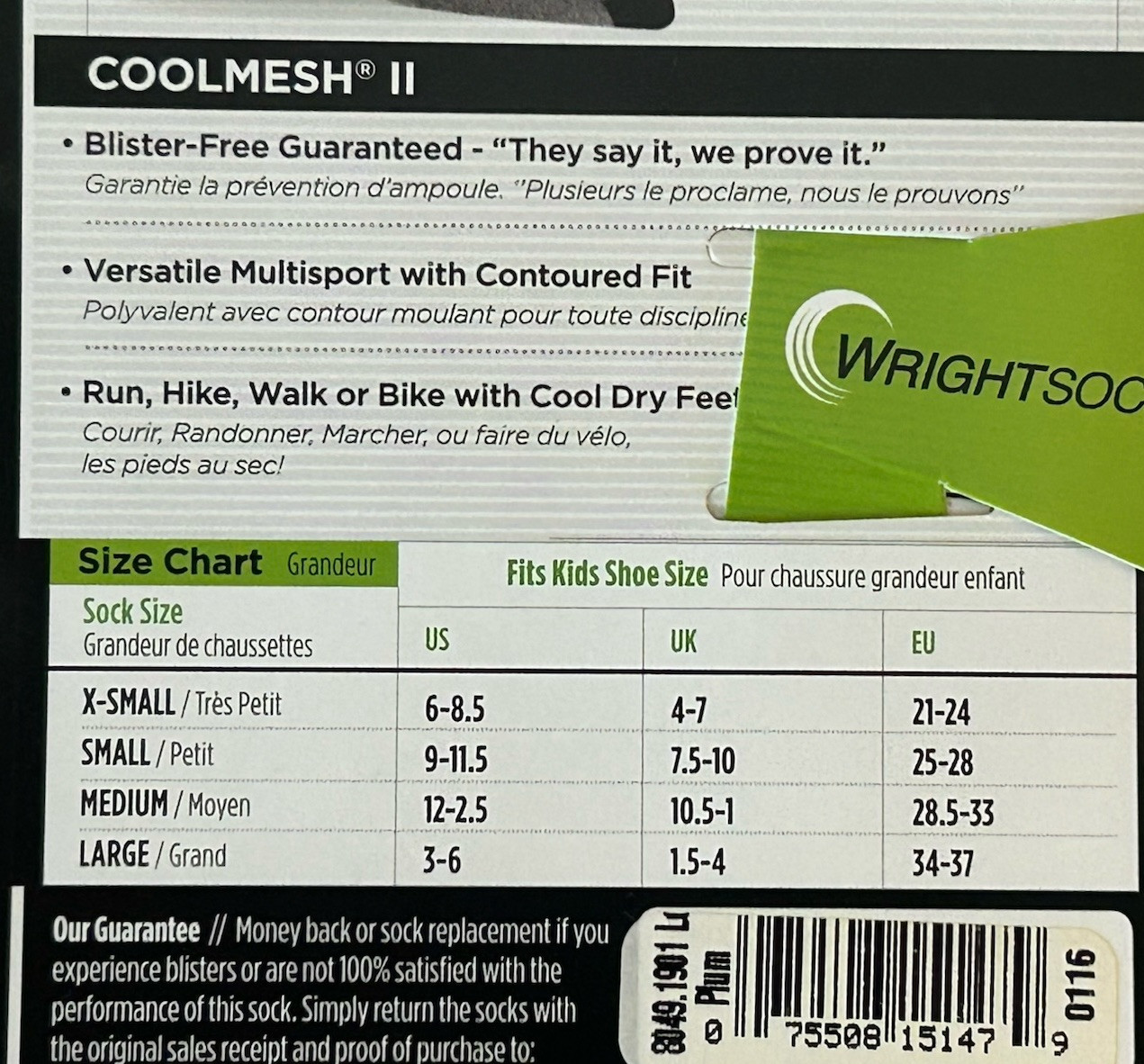 New Wrightsock KIDS Cool Mesh II Double Layer No Blisters 2-PAIR Size LARGE (U2)