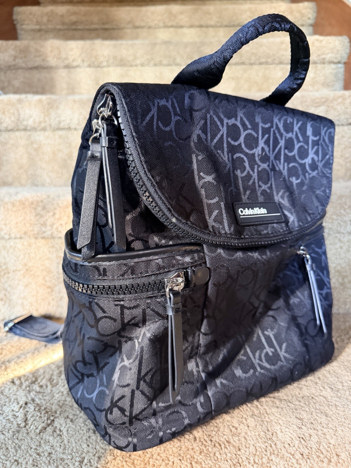 Calvin Klein Black/Gray Logo Backpack Top Handle Zip & Magnetic Closure Pockets