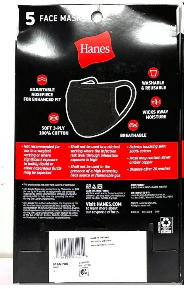 5 Pack Hanes Face Masks – Black Cotton Reusable Cover Face mask Cloth Facemask