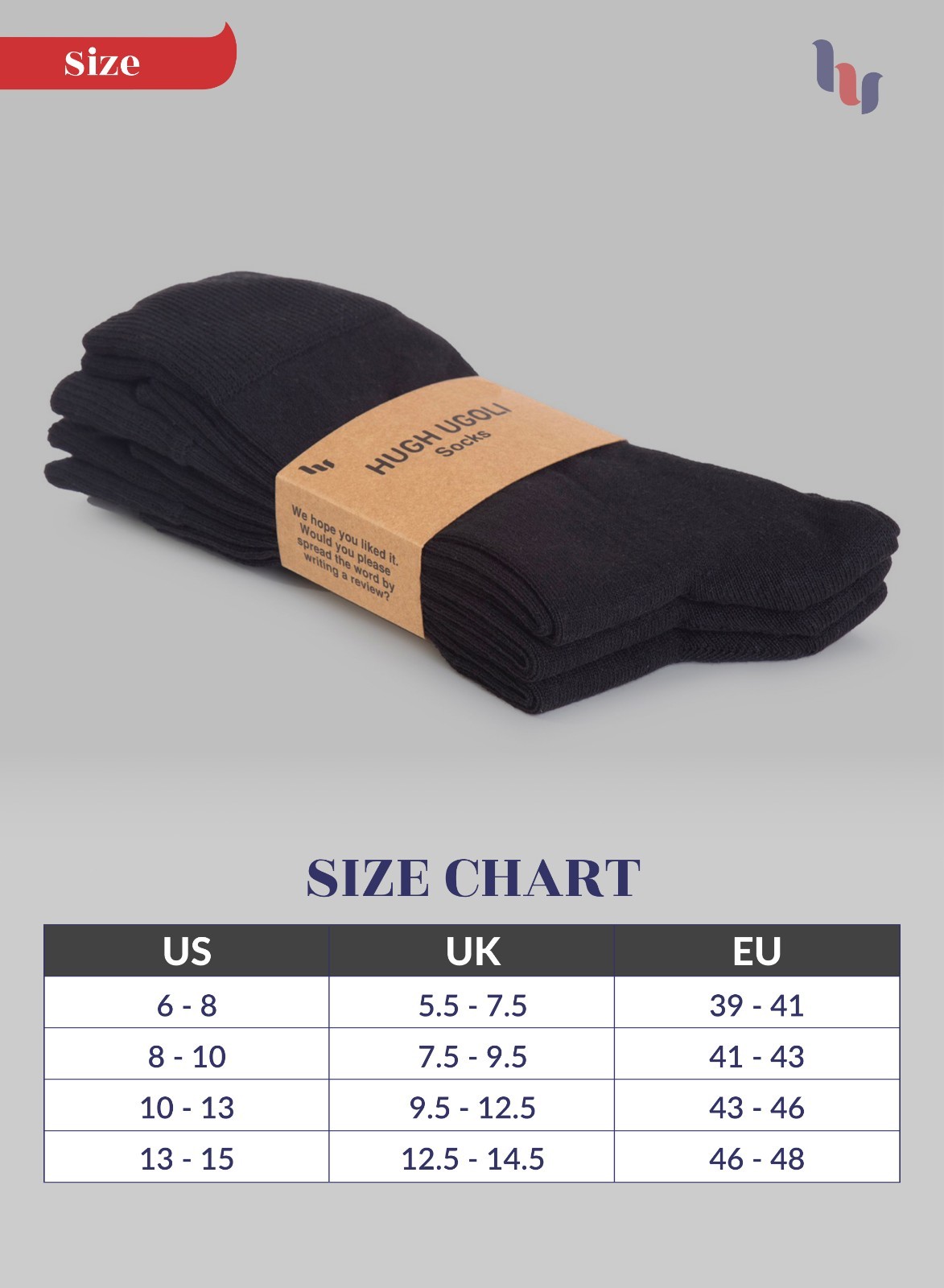 Hugh Ugoli Men Cotton Dress Socks XL / L / M / S Sizes, 3 Pairs