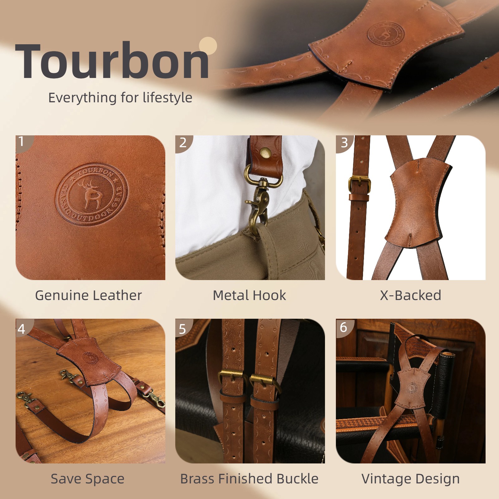 Tourbon Leather Men’s Suspenders X Back Adjustable X-Shaped Hooks Pants Braces