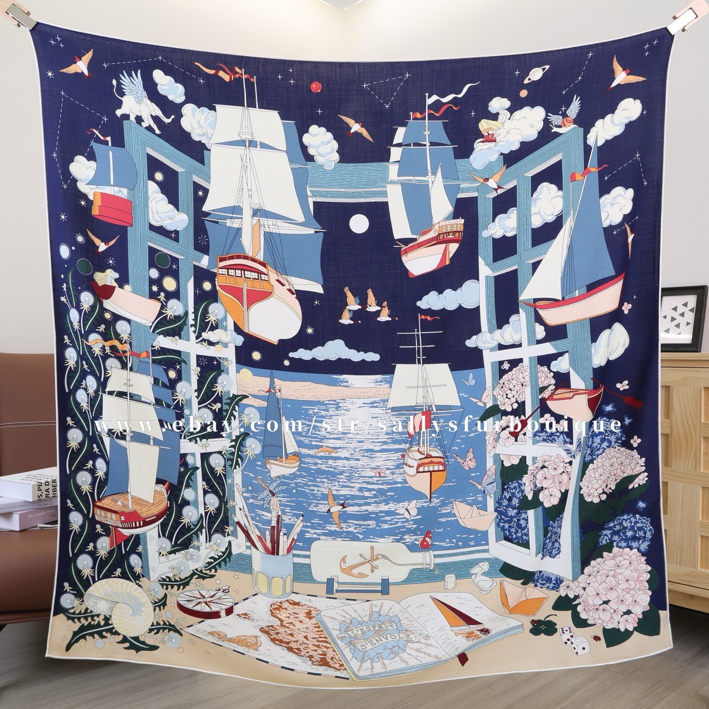 Sallys 70% Cashmere & 30% Silk Wrap Scarf Boat Print Double Face Shawl 53″ Navy