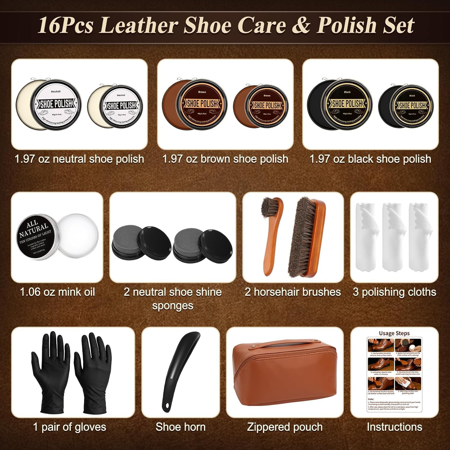 Shoe Care Kit 16 Pc Shoe Shine Kit Leather Polish Mink Oil Brush Cleaning Set