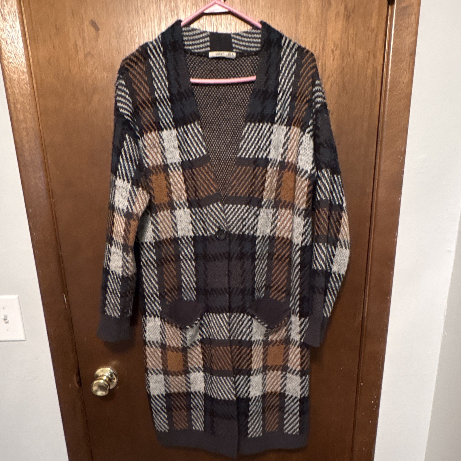 DEX Women’s M Plaid Knit Open Front V-Neck Long Sleeve Cardigan Sweater