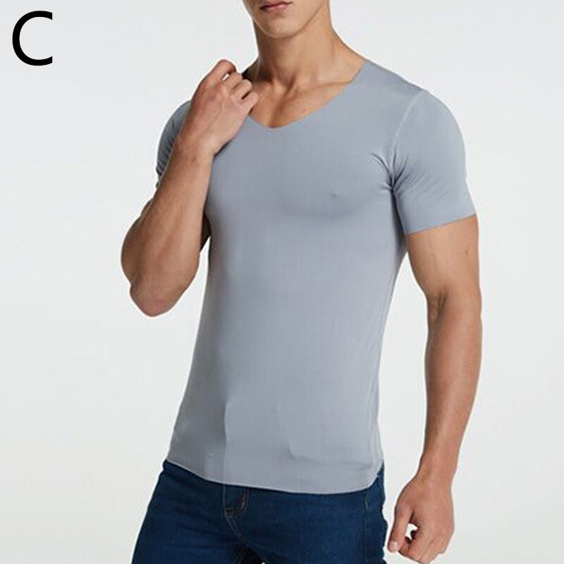 1PC Men Breathable Solid Color V Neck Tops Tees Ice Silk Tshirts Seamless M-5XL