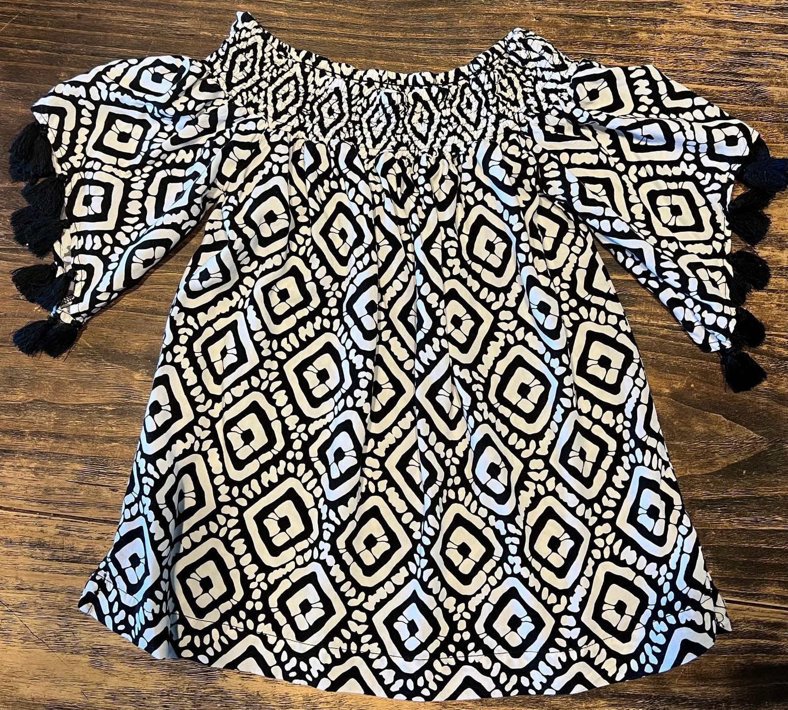 Escapada Living Smocked Geo Print Tassel Sleeve Blouse
