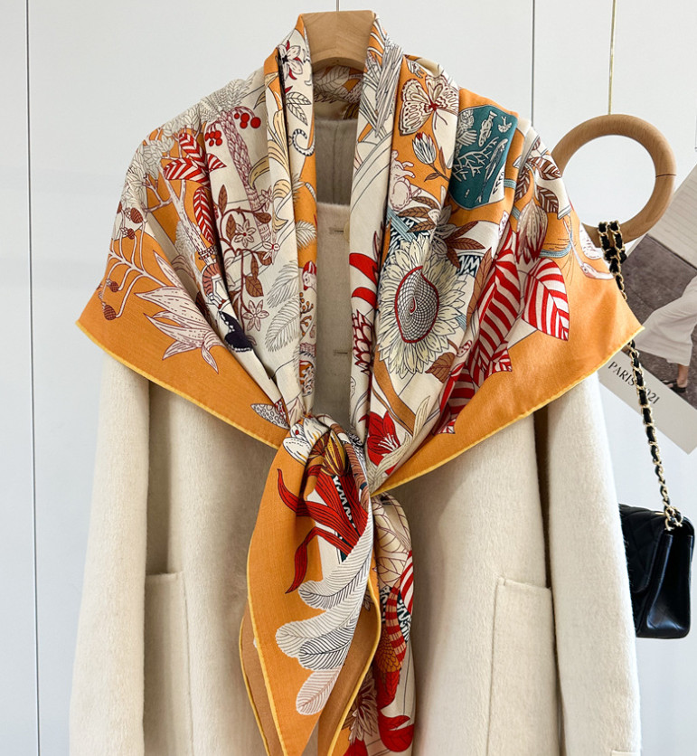 70% Cashmere 30% Silk Wrap Scarf garden Print Double Face Print Shawl 135X135cm