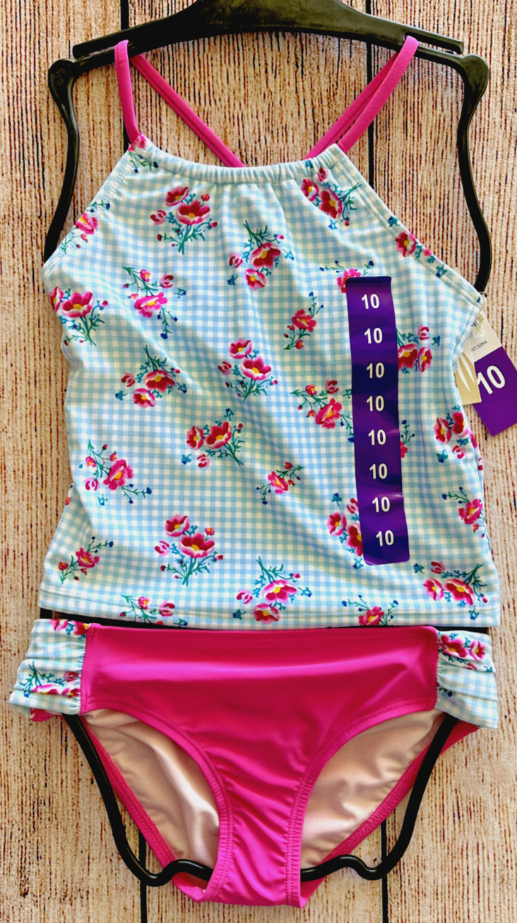 Girls Sz 10 Two Piece Tankini Swimsuit Wallflower Blue/Pink Floral and Check