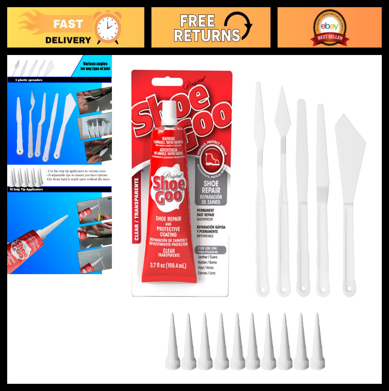 Clear Shoe Repair Adhesive Bundle – 10 Snip Tip Applicators & 5 Spreader Tools